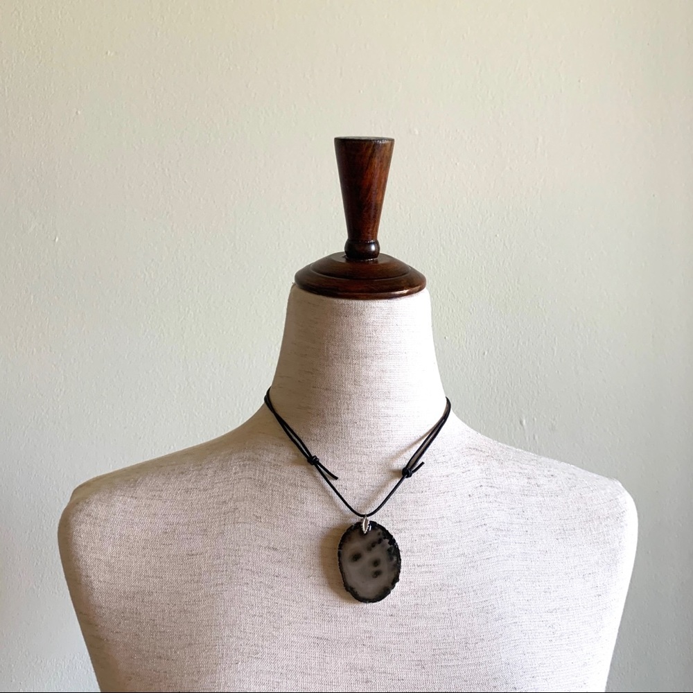 Taupe Gray and Black agate slice pendant necklace Adjustable length cord Stone